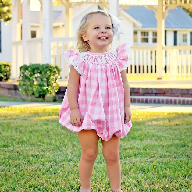 Pink Check Name Smocked Bubble | Classic Whimsy