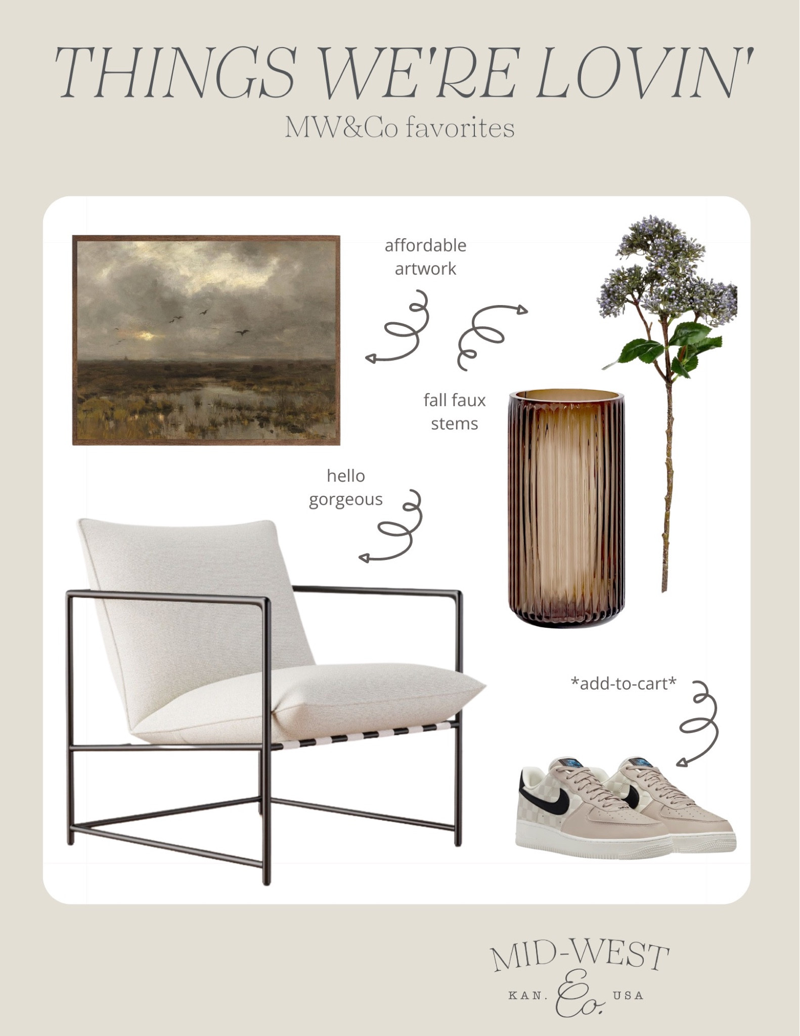 Things we’re lovin’- neautral sneakers, accent chair, artwork, amazon finds, fall faux stems, vase

#LTKshoecrush #LTKhome #LTKunder50