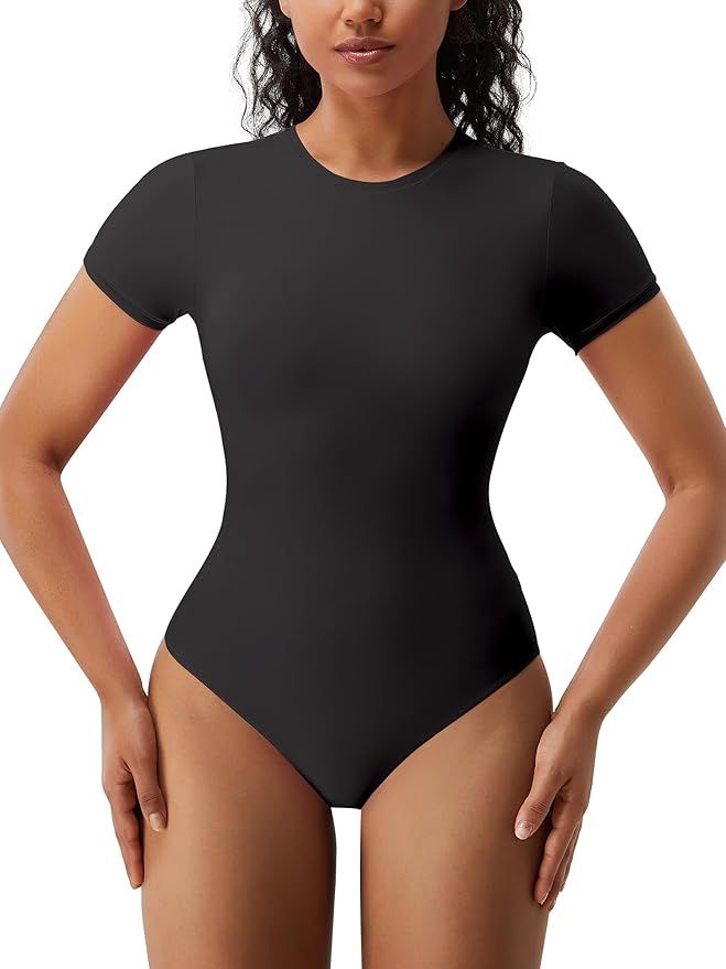 SHAPERX Body-Hugging T-shirt Bodysuit Tops for Women Soft Crew Neck Body Suits Thong Jumpsuit | Amazon (US)