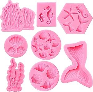 Mermaid Theme Cake Mold, Mermaid, Shell, Seaweed, Coral Silicone Mold Cupcake Toppers Mold for Ca... | Amazon (US)