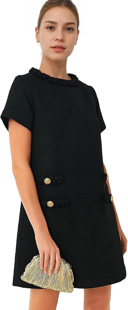 Women's Tweed Dress Short Sleeve Crew Neck A-line Party Vintage Mini Skirt Causal Dresses | Amazon (US)
