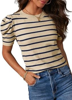 Dokotoo Women's Short Puff Sleeve Knit Tops 2025 Trendy Crewneck Striped T Shirts Casual Summer B... | Amazon (US)