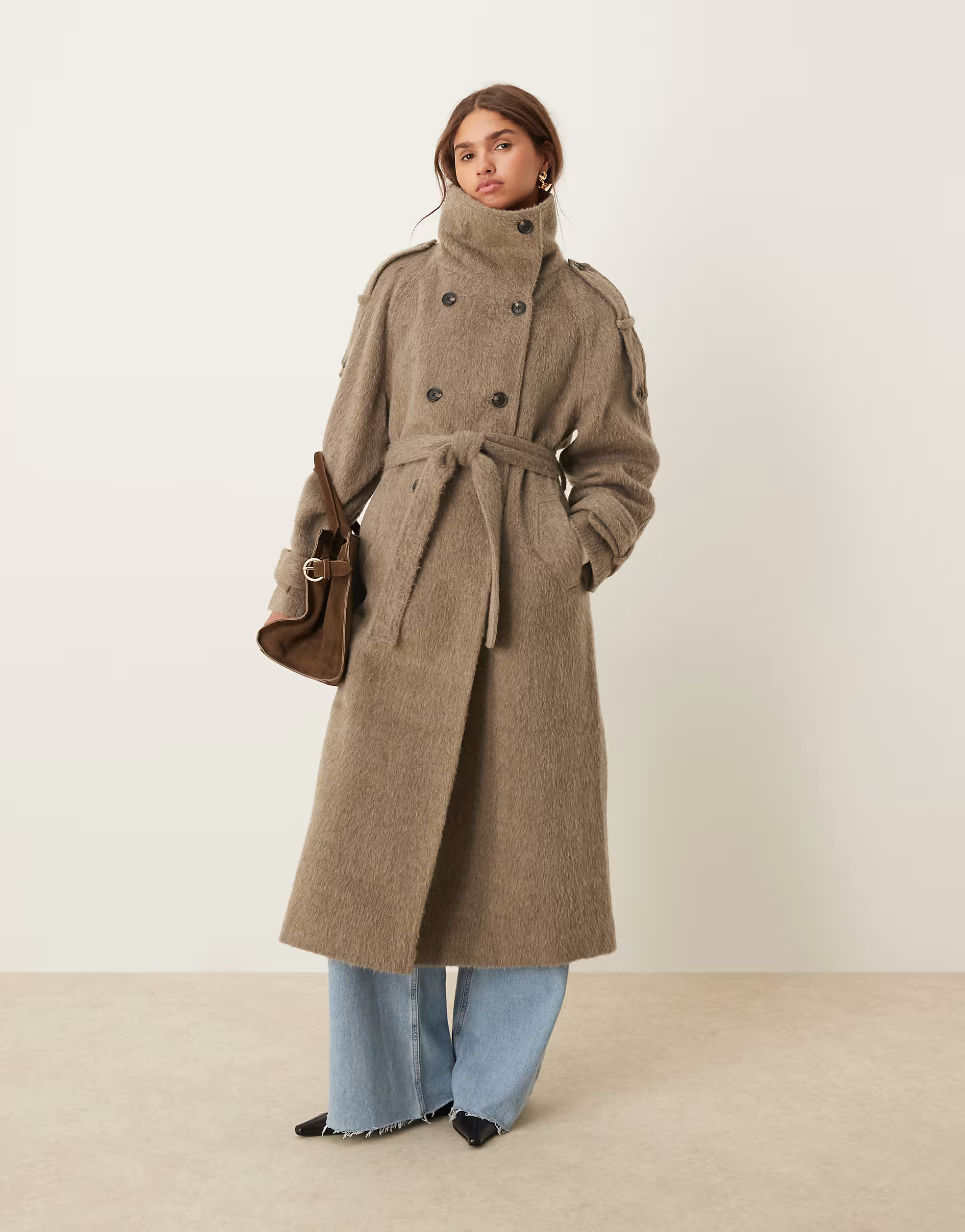 ASOS DESIGN brushed funnel neck trench coat in mushroom | ASOS (Global)