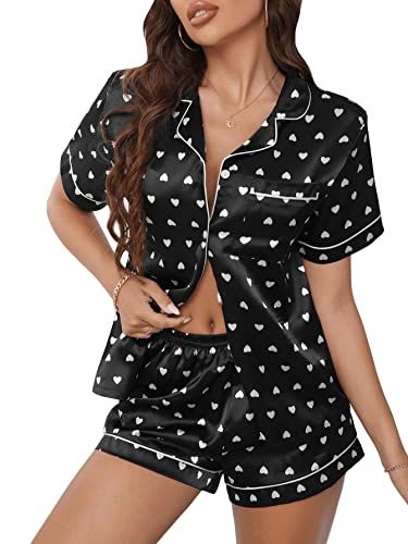 SweatyRocks Women's Short Sleeve Sleepwear Button Down Satin 2 Piece Pajama Set | Amazon (US)