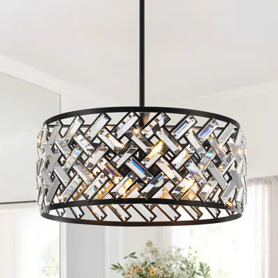 5 - Light Modern Dimmable Drum Crystal Chandelier Black Adjustable Height Pendant Light Fixture | Wayfair North America