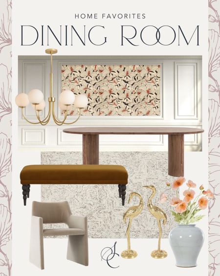 Dining room favorite finds! Including Gucci wallpaper, oval wood dining table, CB2 velvet dining chairs, rug, dining bench, modern gold globe chandelier and decor!

#LTKhome #LTKsalealert #LTKstyletip