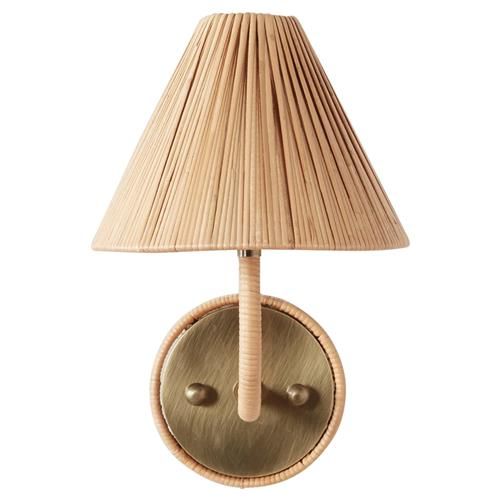 Woven Delphine Coastal Beach Natural Rattan Armed Wall Sconce | Kathy Kuo Home