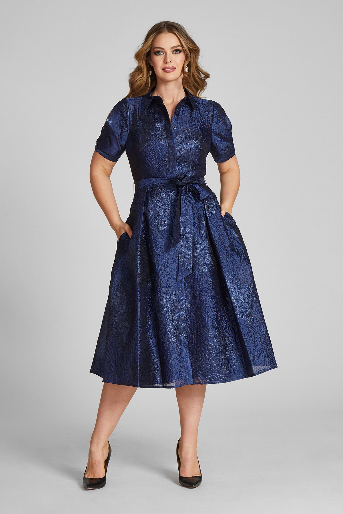Metallic Jacquard Shirt Dress with Short Slit Sleeve | TERIJON