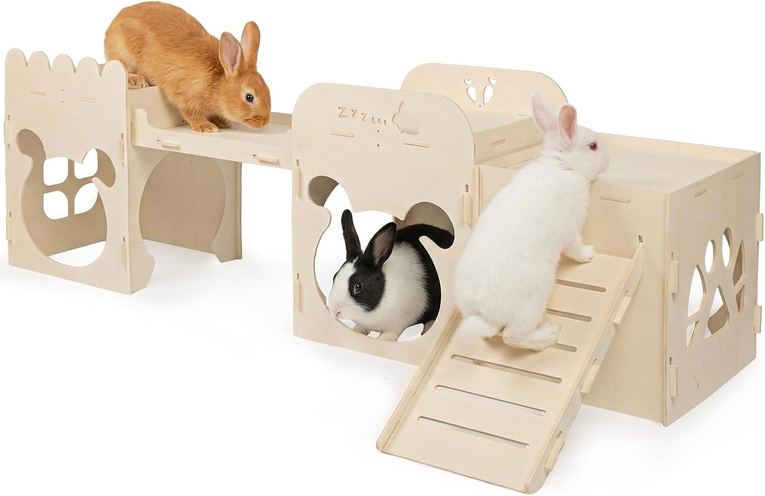 Extra Large Rabbit Castle, Wooden Bunny House & Training Bridge, Detachable Rabbit Hideaway, Indoor Hamster Castle with Ramp, Small Animal Houses & Habitats for Guinea Pig Chinchilla Ferret(2+1 House) | Amazon (US)
