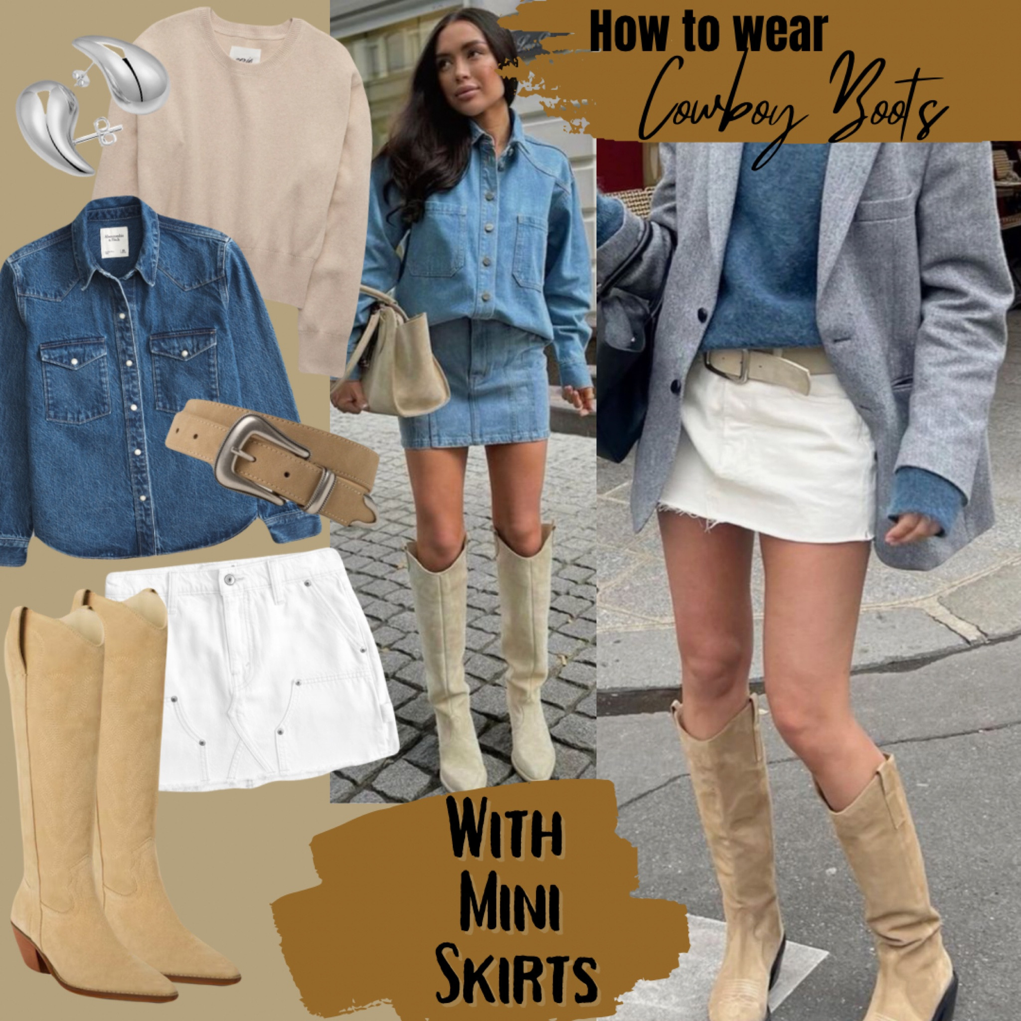 How to wear cowboy boots: with mini skirts. Pair a denim shirt or cozy sweater back to a denim mini skirt, add a western belt and your cowboy boots!

#LTKSaleAlert #LTKFindsUnder100 #LTKShoeCrush
