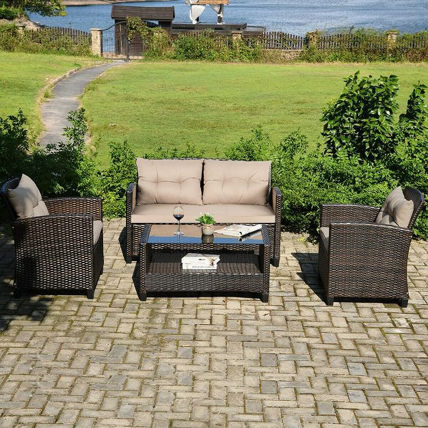 Costway 4PCS Outdoor Rattan Furniture Set Cushioned Sofa Armrest Chair Lower Shelf Brown | Target