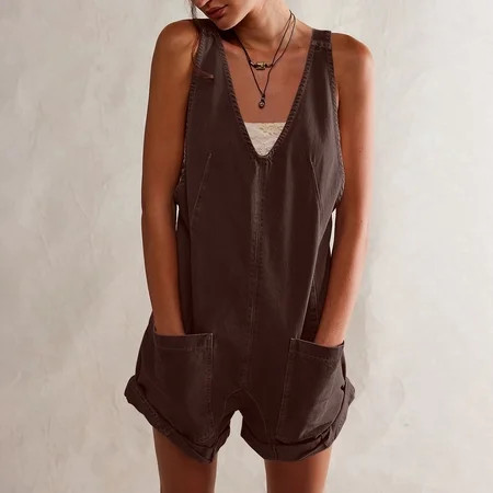 LTTVQM Overalls for Women，Women s Cotton Linen Short Overalls Casual Summer V Neck Cuffed Hem Bib Shortalls with Pockets Brown XL | Walmart (US)