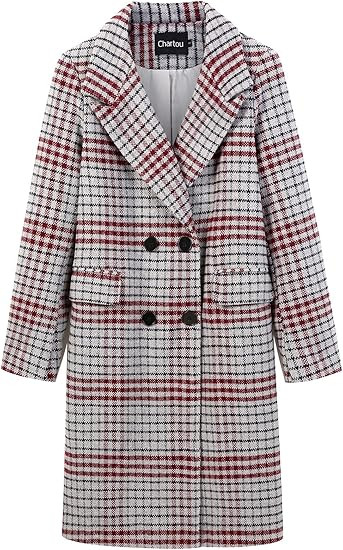 CHARTOU Women's Winter Oversize Lapel Collar Woolen Plaid Double Breasted Long Peacoat Jacket | Amazon (US)