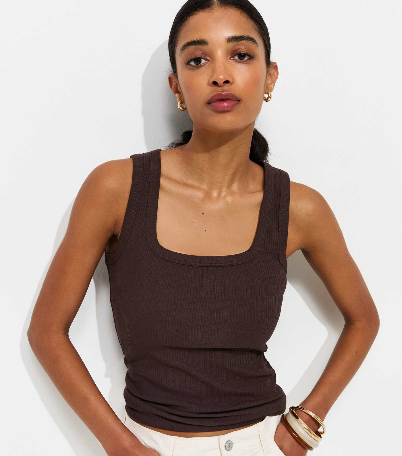 Dark Brown Ribbed Cotton Rich Square Neck Vest | New Look | New Look (UK)