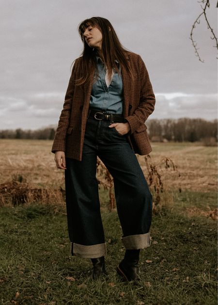 Layered winter outfit: plaid wool blazer, denim shirt over white tee, baggy cuffed crop jeans, and chunky leather boots. #sezane #citizensofhumanity  

#LTKstyletip