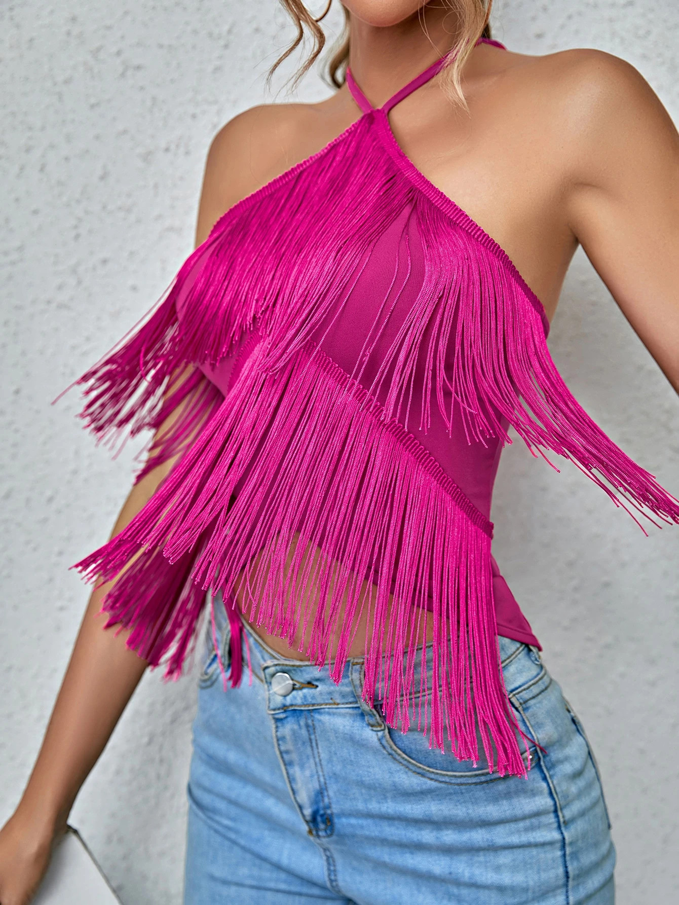 SHEIN Privé Solid Backless Fringe Halter Top | SHEIN