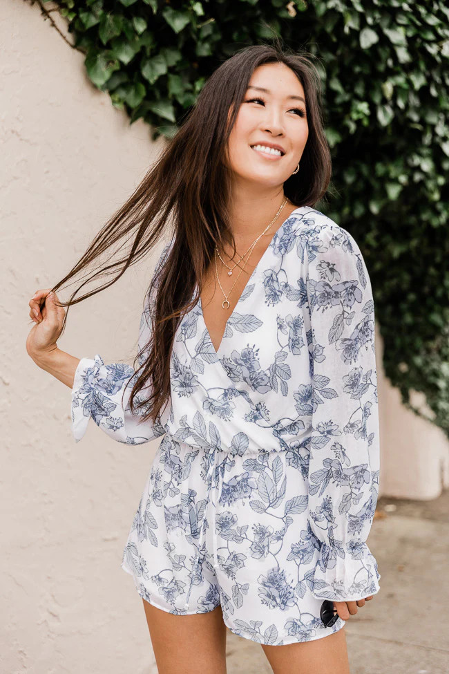 Garden Bouquet Blue/White Floral Print Romper | The Pink Lily Boutique