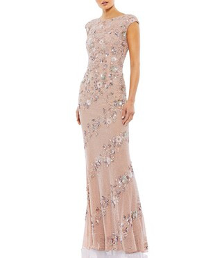 Beaded Boat Neck Cap Sleeve Sheath Gown | Dillard's