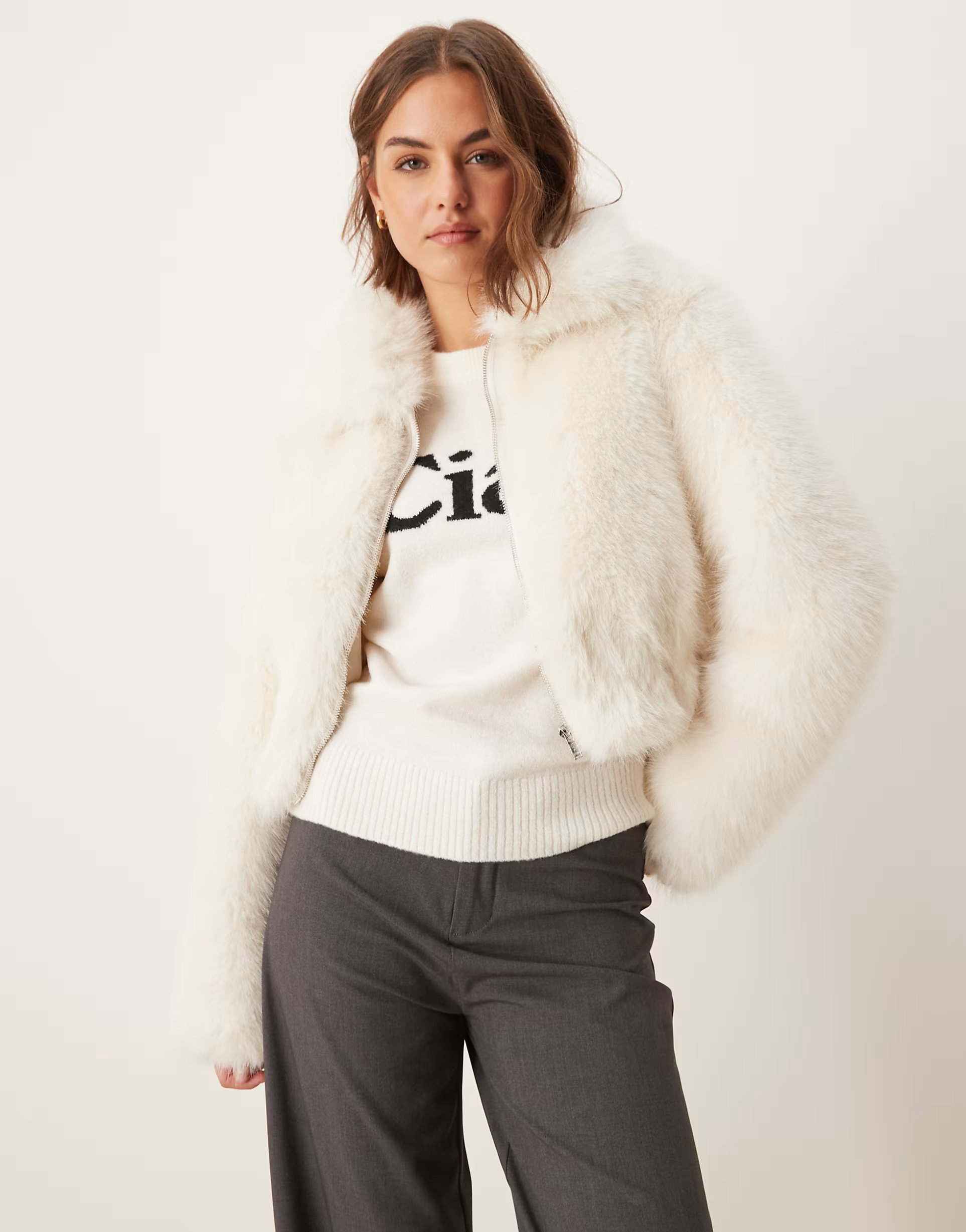 ASOS DESIGN cropped faux fur bomber jacket in cream | ASOS (Global)