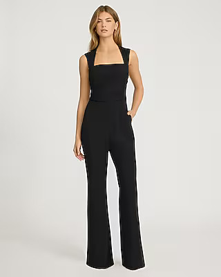 Signature Crepe Square Neck Sleeveless Ruched Tapered Leg Jumpsuit with Pockets | Express