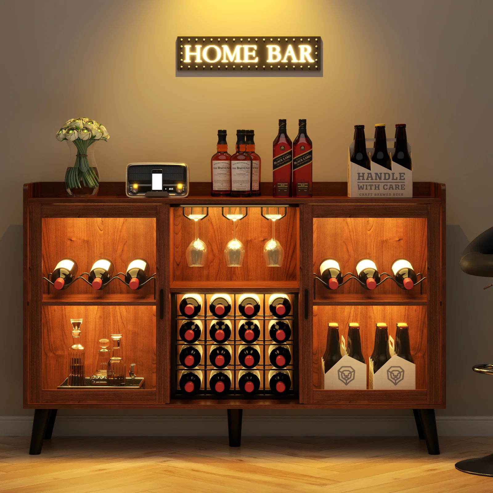 Ermo Wine Bar Cabinet with Led Light, Home Coffee Cabinet with Wine and Glass Rack | Wayfair North America