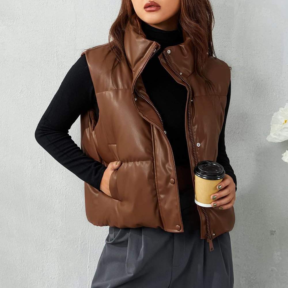 Ailoqing Womens Faux Leather Puffer Vest Zip Up Sleeveless Winter Cropped Jacket | Amazon (US)