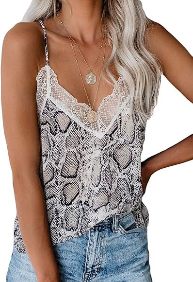Sidefeel Women V Neck Lace Strappy Floral Print Tank Top Sleeveless Blouse | Amazon (US)