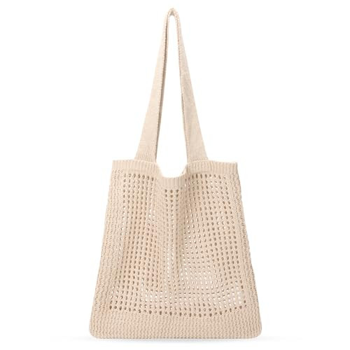 SANSTHS Crochet Mesh Beach Tote Bag Retro Hobo Knitted Bag Woven Tote Summer Shoulder Bag for Women,Beige | Amazon (US)