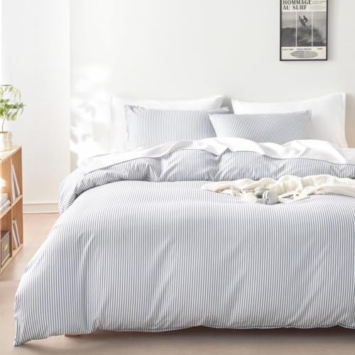 Wake In Cloud - Striped Comforter Set, Ticking Stripe Vertical Pinstripe Neutral Farmhouse Pattern Printed, Soft Lightweight Bedding, 3 Pieces, Gray, Queen Size | Amazon (US)