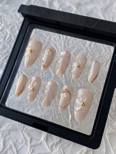 10 pezzi di unghie finte a mandorla color nude realizzate a mano, stile semplice e delicato, con ... | SHEIN