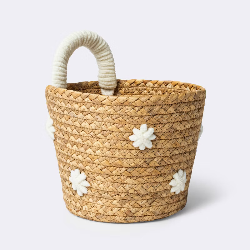 Braided Water Hyacinth with Tufted Embroidery Small Round Storage Basket - Cloud Island™ | Target