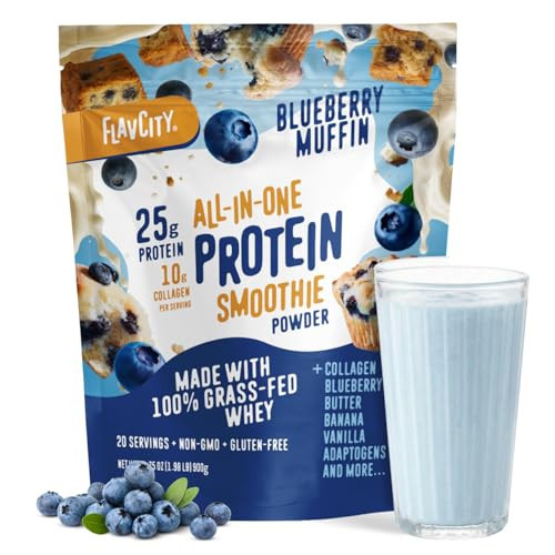FlavCity All in One Protein Shake Powder, Blueberry Muffin - On the Go Meal Alternative + Collagen Peptides, Reishi & Cordyceps - Focus, Skin, Hair & Joint Support - 100% Grass Fed Whey, 20 Servings | Amazon (US)