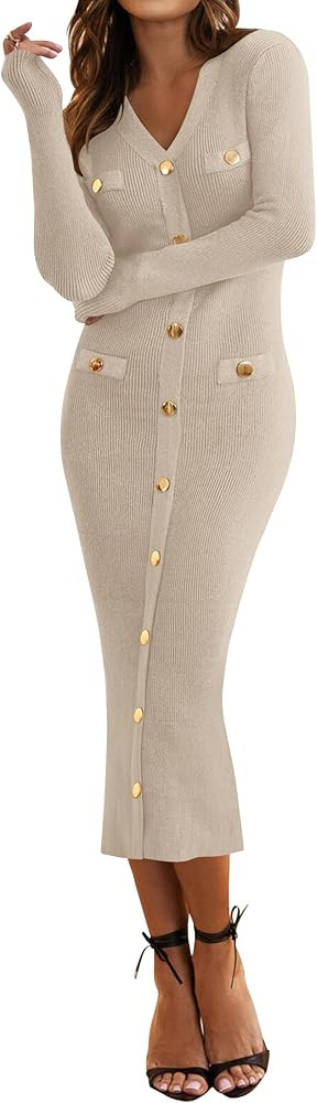 MIROL Women's V-Neck Bodycon Sweater Dress 2024 Fall Long Sleeve Button Down Knit Maxi Dress Eleg... | Amazon (US)