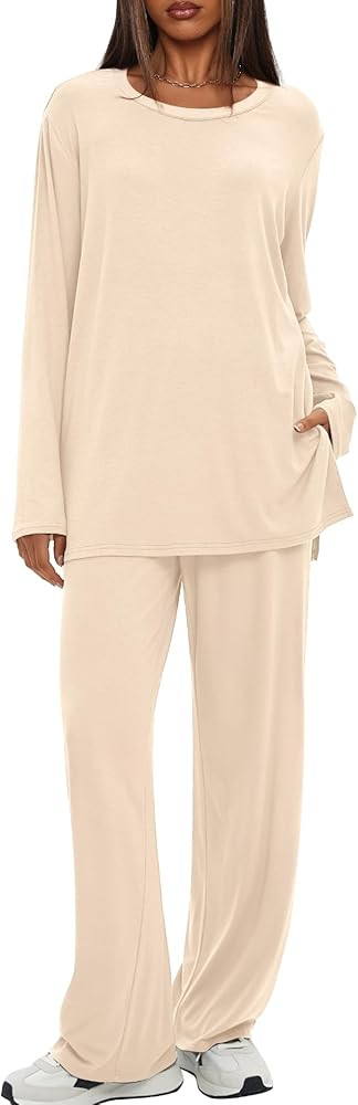 Darong Women's 2 Piece Lounge Set Casual Long Sleeve Crew Neck Tops Wide Leg Pants Travel Airport... | Amazon (US)