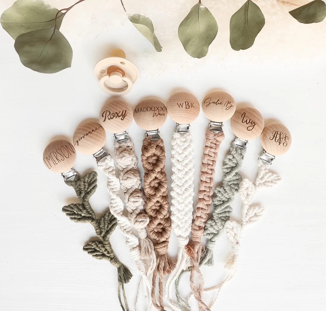 Personalized Macrame Pacifier Clip, Engraved Wood, Binky Clip, Boho Baby Shower Gift, Natural, St... | Etsy (US)
