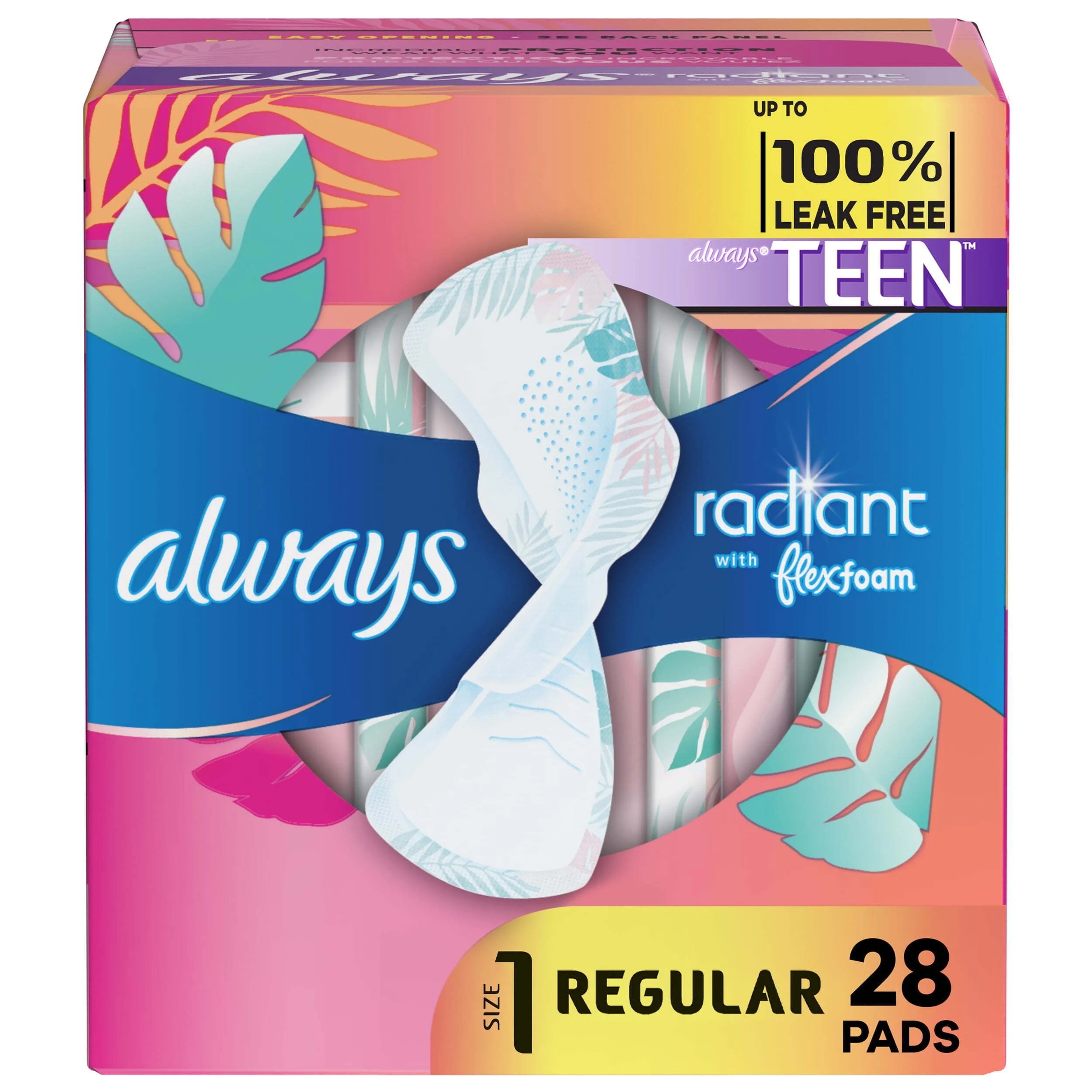 Always Radiant Teen Pads with Wings, Size 1, Regular Absorbency, 28 CT | Walmart (US)