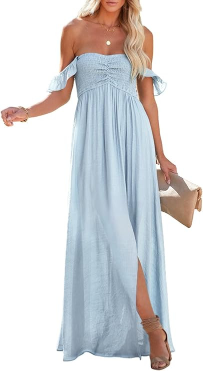 Happy Sailed Women's 2024 Summer Smocked Off The Shoulder Maxi Dresses Ruffle Short Sleeve A Line... | Amazon (US)