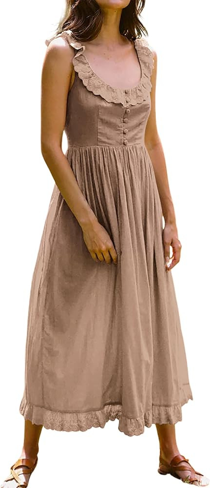 R.Vivimos Womens Summer Cotton Sleeveless Midi Dresses Vintage Lace Trim Button Up Tie Waist Casu... | Amazon (US)