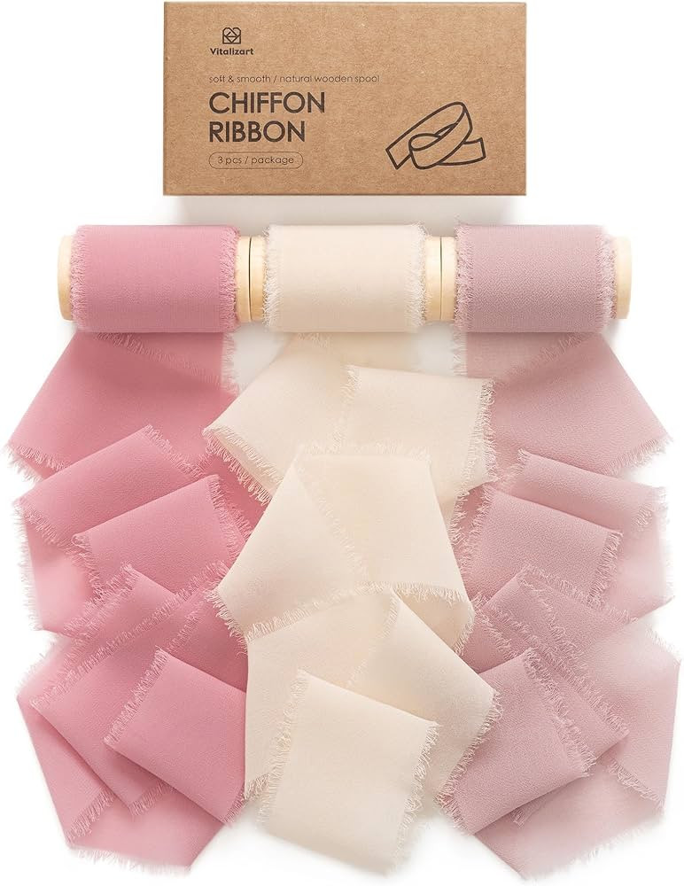 Vitalizart Nude & Pink Chiffon Ribbon 2" x 15 Yd Silk Like Handmade Frayed Edges Fringe for Weddi... | Amazon (US)