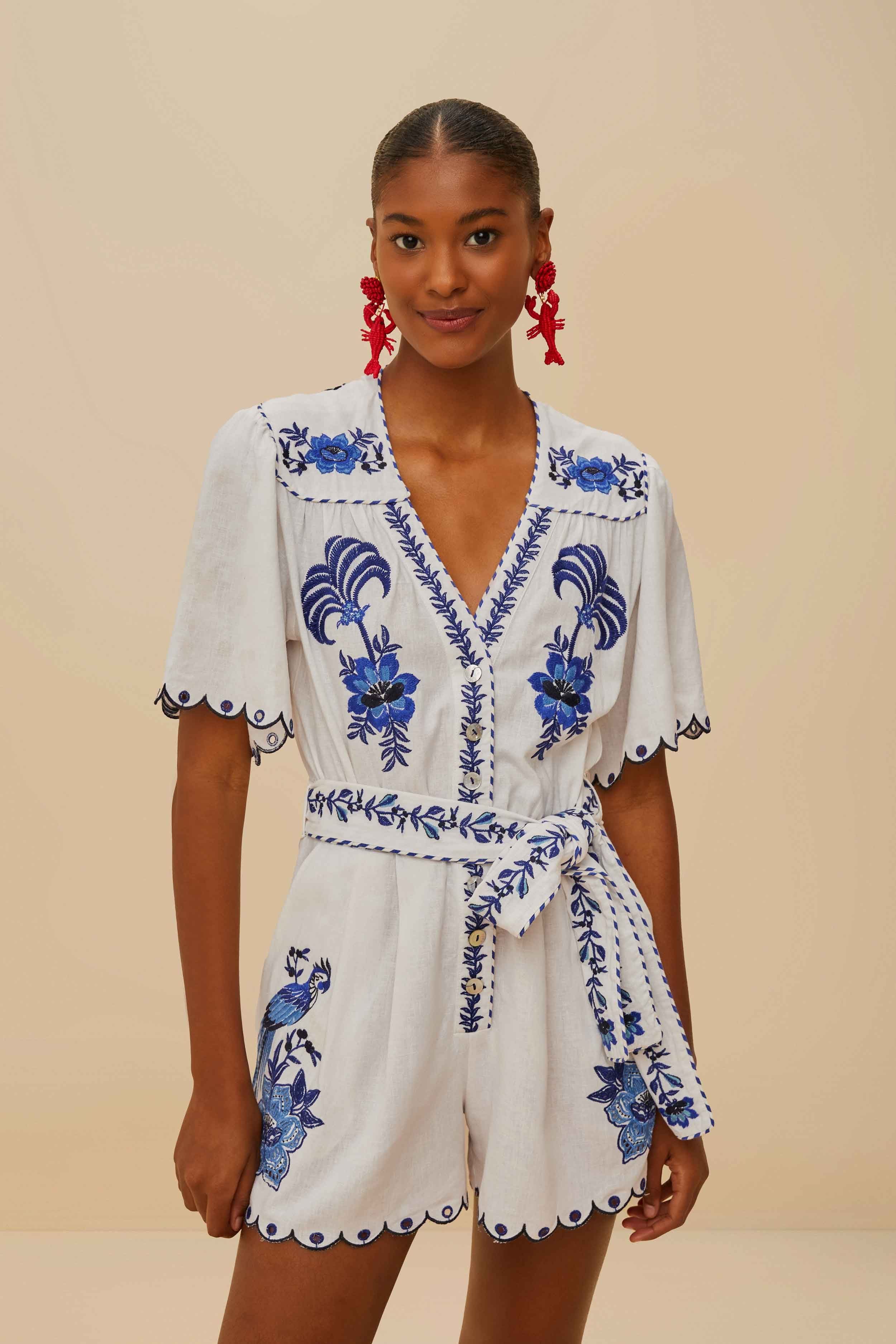 Blue Delicate Forest Richelieu Embroidered LENZING ECOVERO Euroflax Romper, OFF-WHITE / S | FarmRio (US)