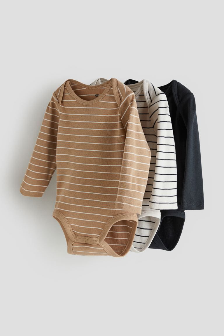 3-pack Long-sleeved Bodysuits - Beige/striped - Kids | H&M US | H&M (US + CA)