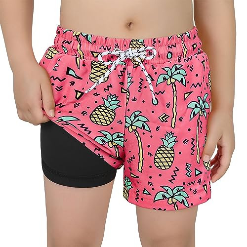 Century Star Boys Swim Trunks with Compression Liner Size 10-12-Anti Chafe Quick Dry Bathing Suit Beach Shorts for Kids Pink Pineapple | Amazon (US)