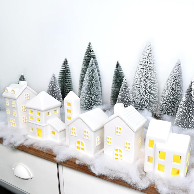 Ceramic Christmas Village Houses 5 Pcs White Christmas Houses & 9 Pcs Christmas Trees & Fake Snow... | Amazon (US)