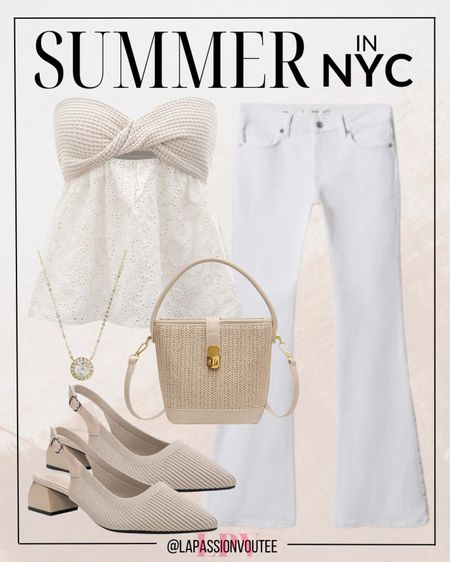 Effortlessly chic in the heart of the city. Elevate your New York style with a strapless eyelet top paired flawlessly with white flared jeans. Complete the look with a delicate necklace, a straw bag for a touch of charm, and slingback heels for ultimate sophistication. #NYCStyle #FashionInspiration

#LTKSeasonal #LTKstyletip