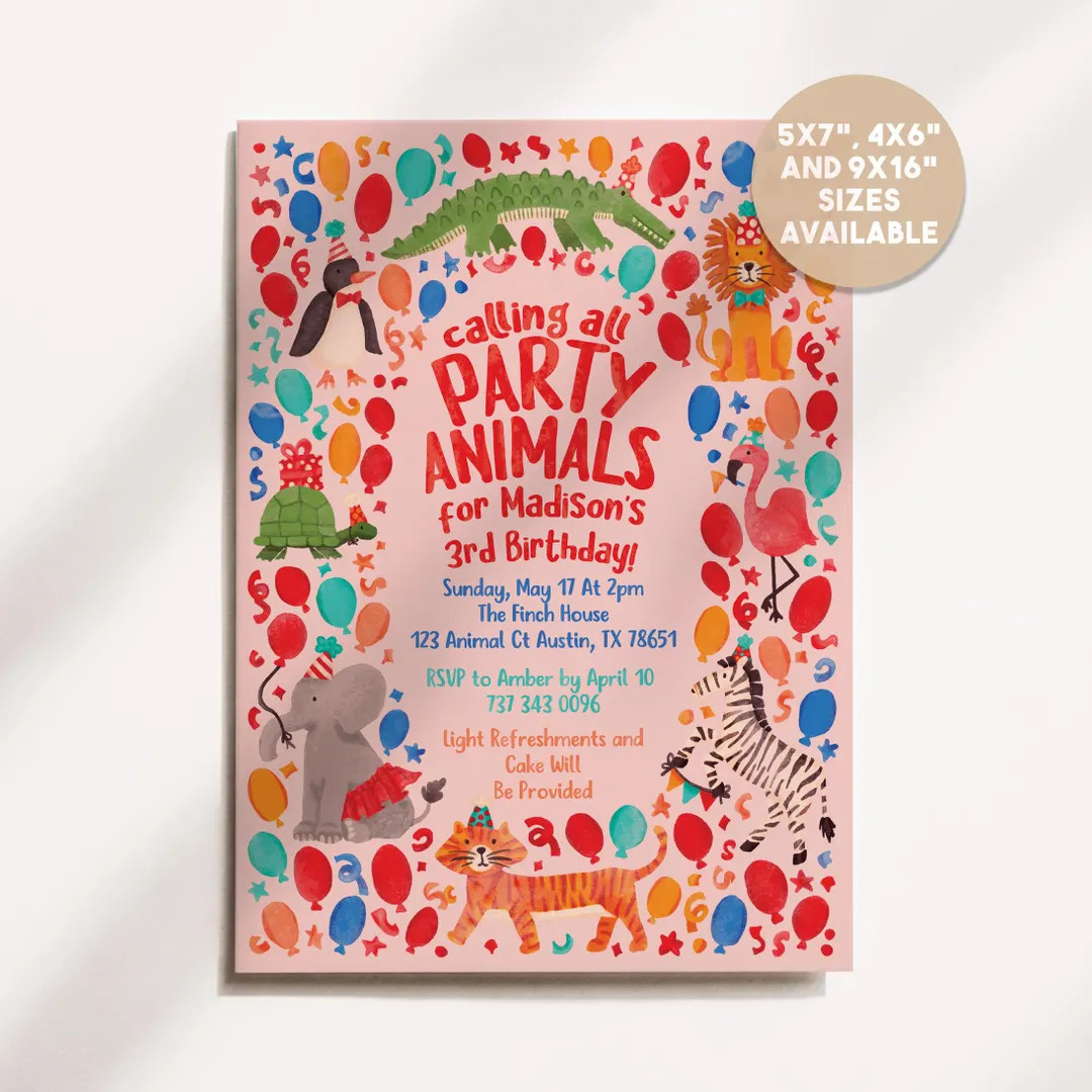 Watercolor Party Animals Birthday Invitation, Retro Zoo Animals Invite, Editable Corjl Template (... | Etsy (US)