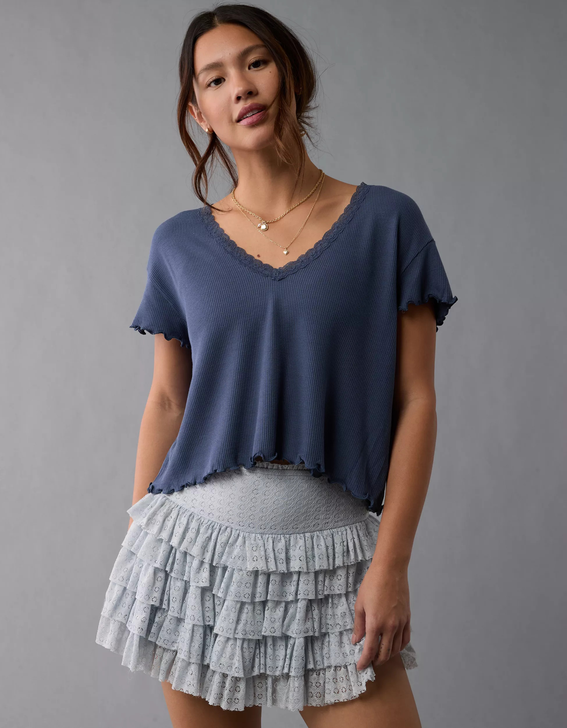 AE Soft & Sexy V-Neck Cropped Waffle T-Shirt | American Eagle Outfitters (US & CA)