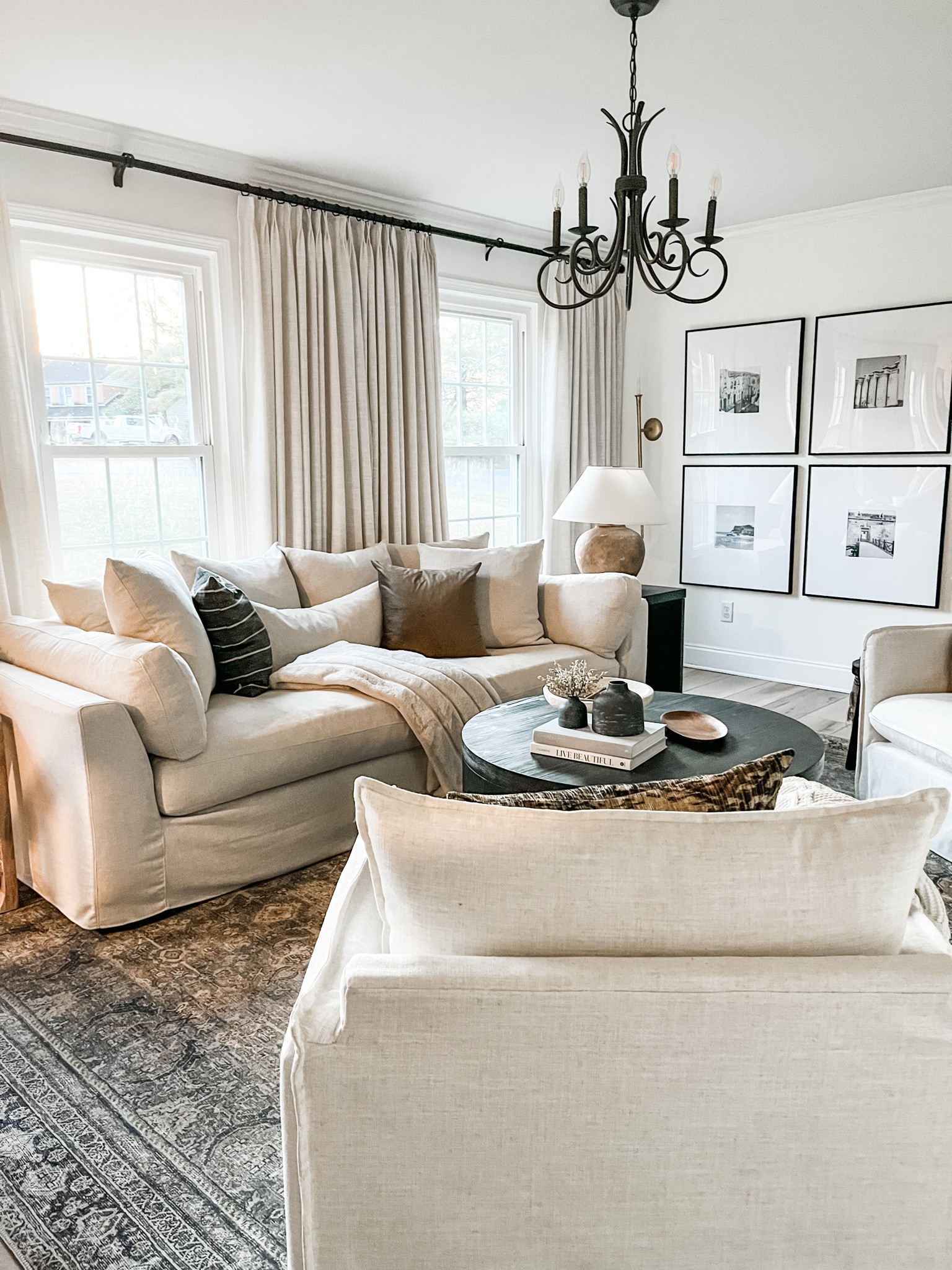 Our sofa is currently in stock! It is so comfy and beautiful. It comes with lots of pillows and one king bench seat cushion. It pairs perfectly with these Target chairs. 

#LTKhome