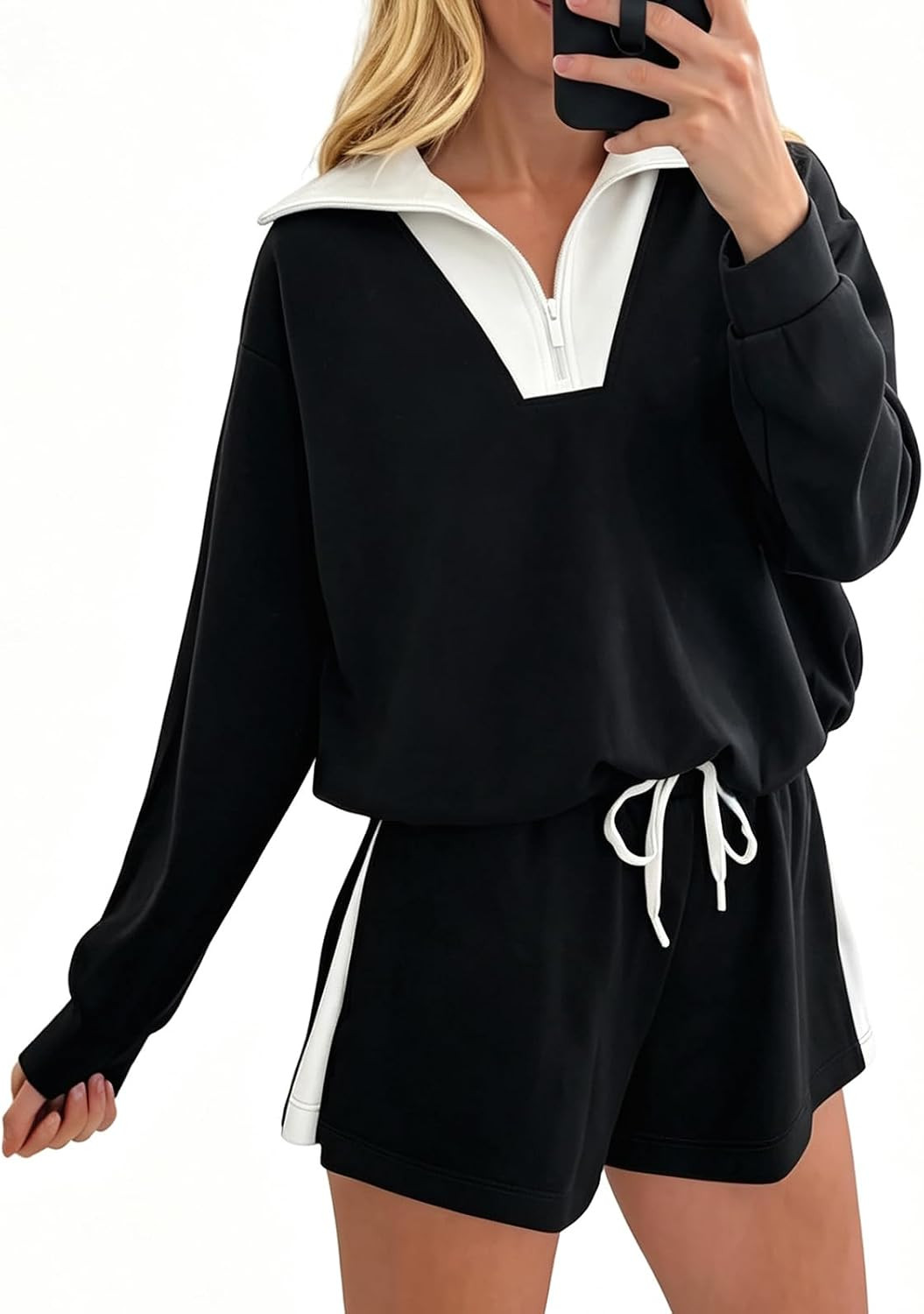 Women Zip Quarter Sweatsuits 2 Piece Outfits Shorts Sets | Amazon (US)