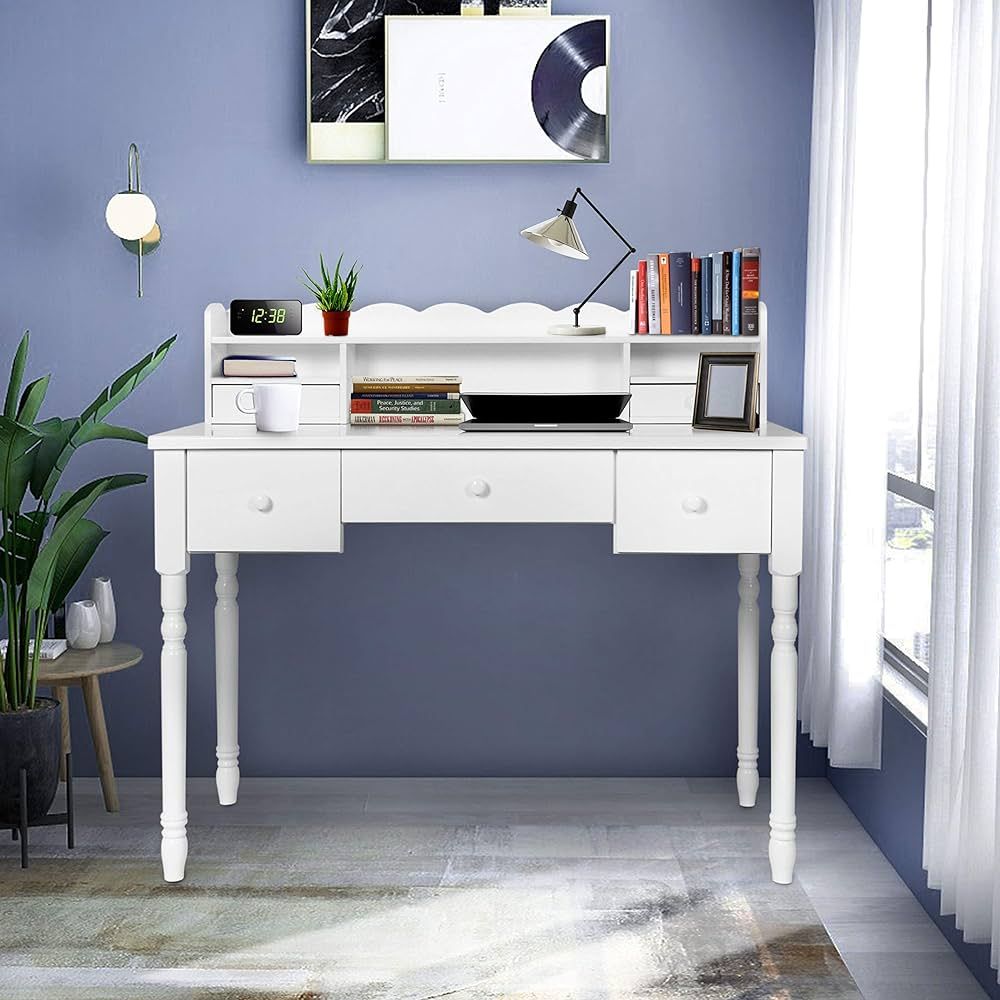 FUNKOCO White Writing Desk with Detachable Hutch& 5 Drawers,Modern Computer Workstation for Home ... | Amazon (US)