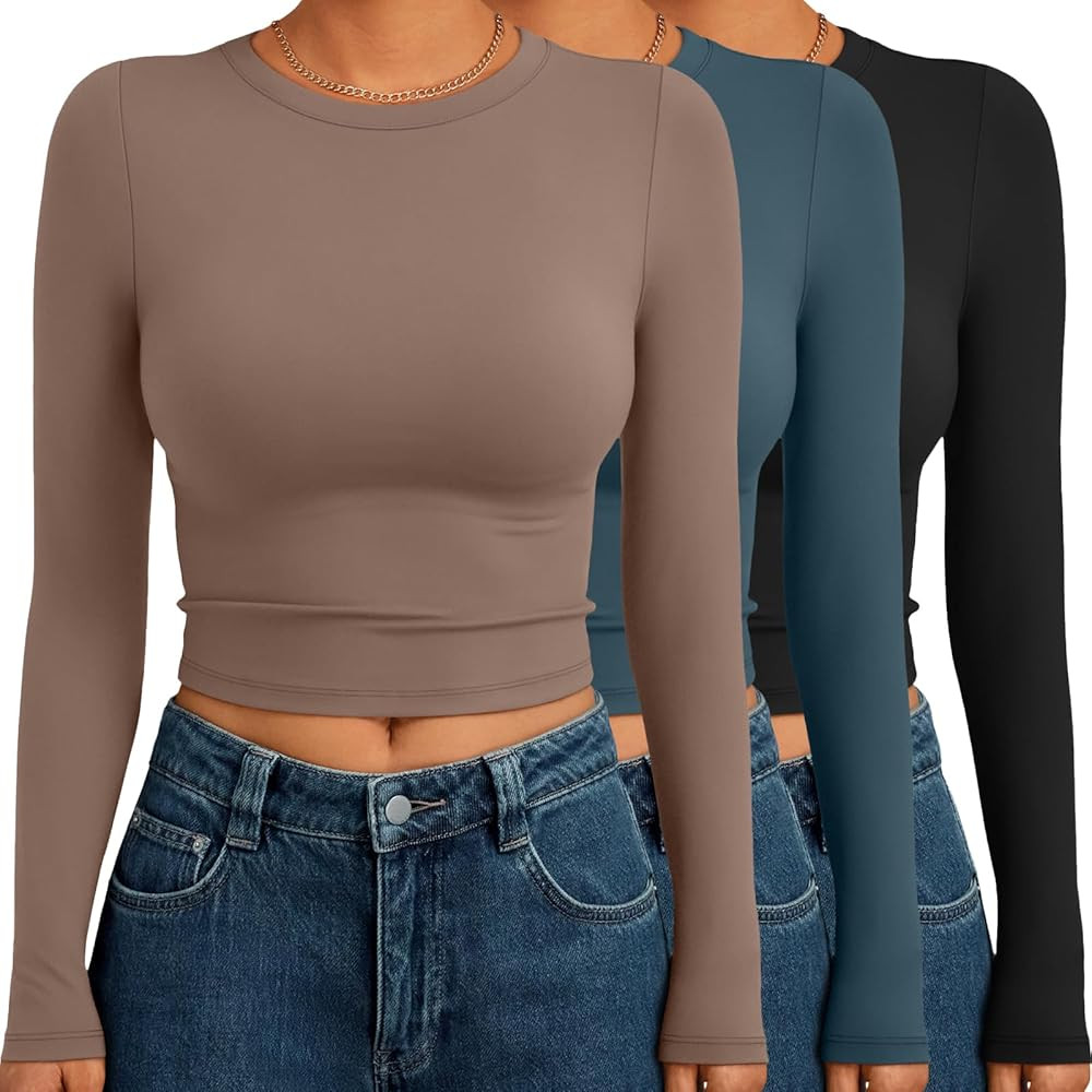 AUTOMET 3 Pack Womens Long Sleeve Shirts Y2K Going Out Crop Tops Cute Basic Slim Fitted Fall Fash... | Amazon (US)